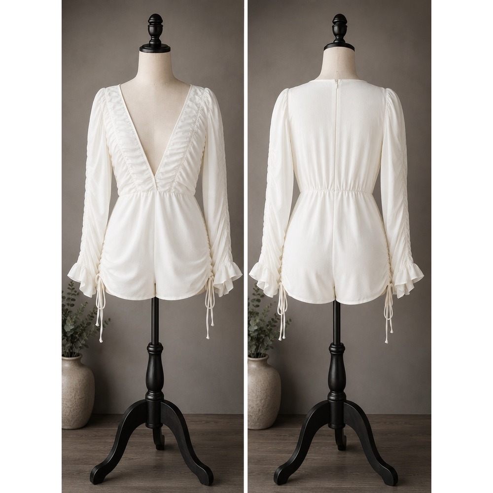 NWT PrettyLittleThing White Ruched Romper 10 Bridal Bachelorette